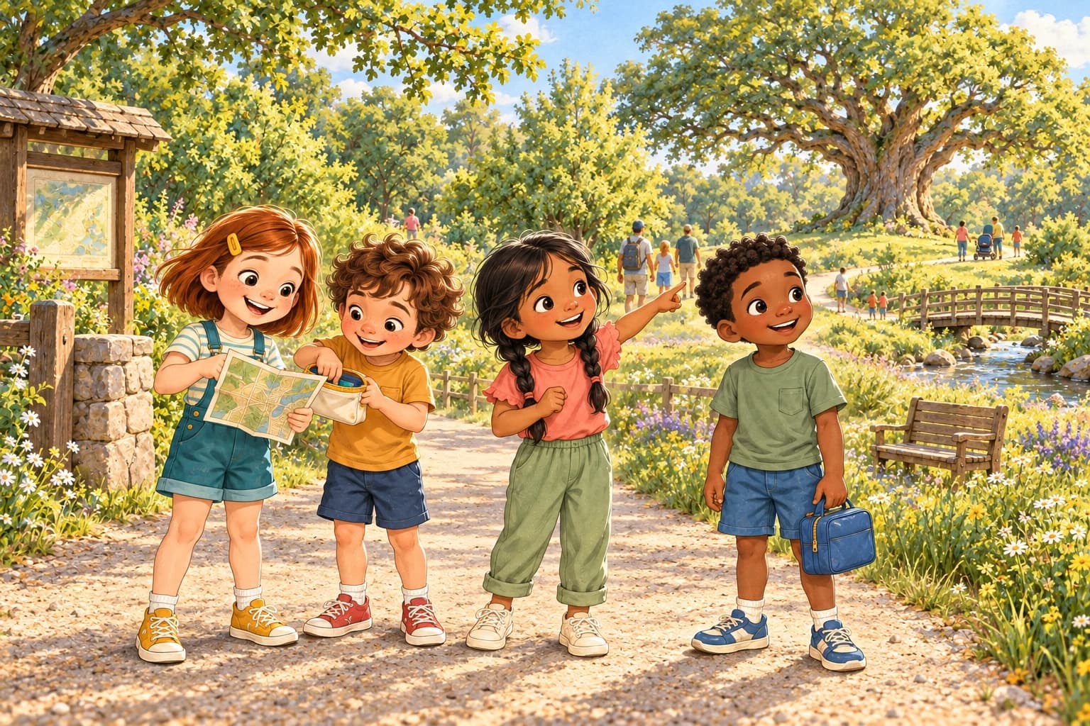 Stephanie shows the park map to Amaya, Benjie and Troy, who carries their blue snack bag.