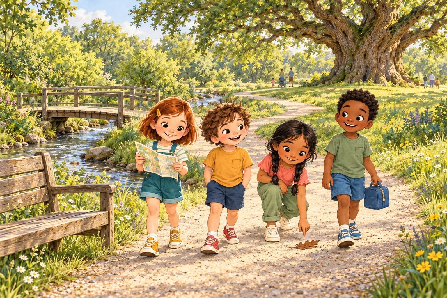 Stephanie, Amaya, Benjie and Troy explore a leafy park with a map and blue snack bag, beside a stream leading to a magnificent oak.
