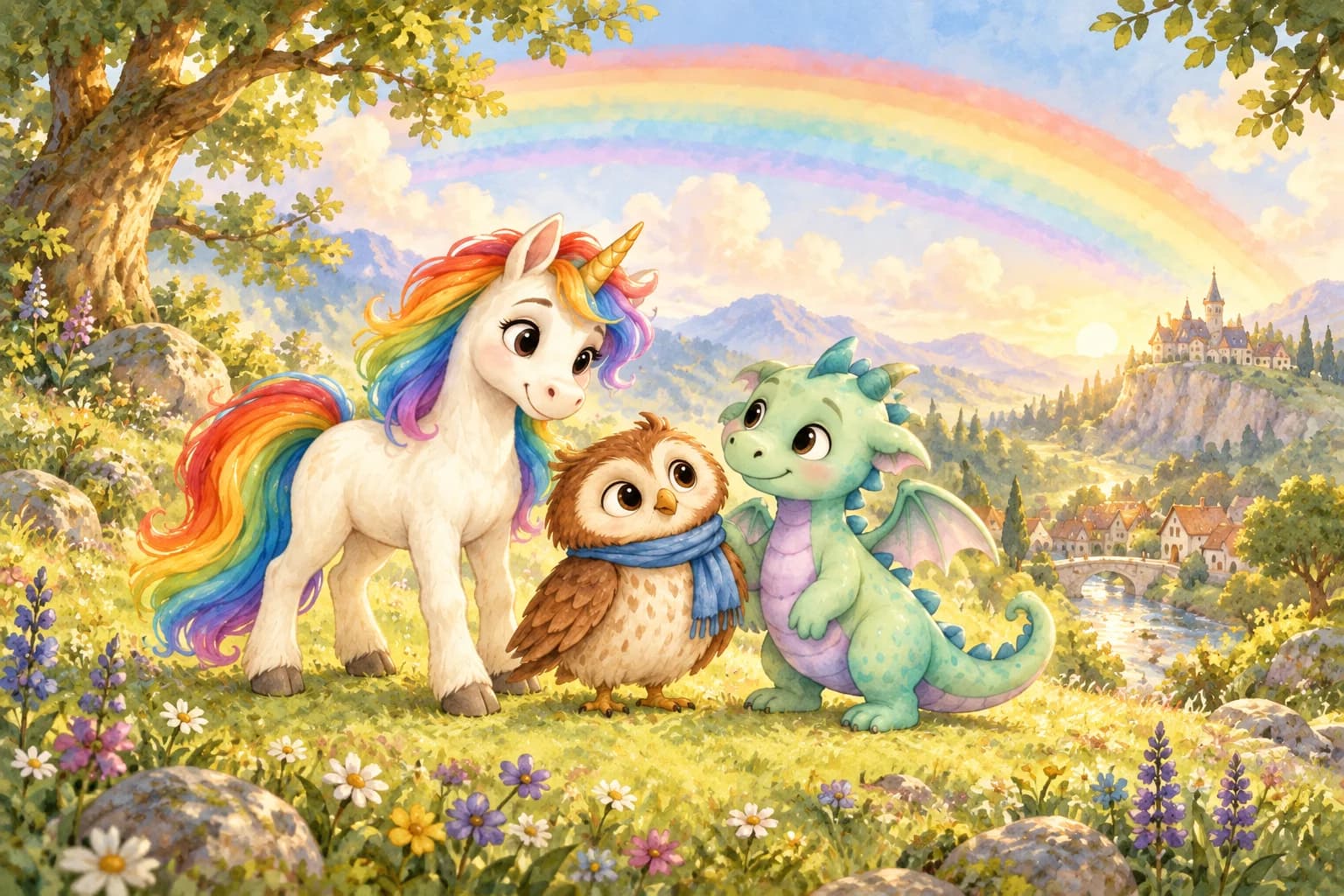 Lumi the white unicorn, Ollie the brown owl and Pip the mint-green dragon beneath a rainbow on a flower-covered hill.