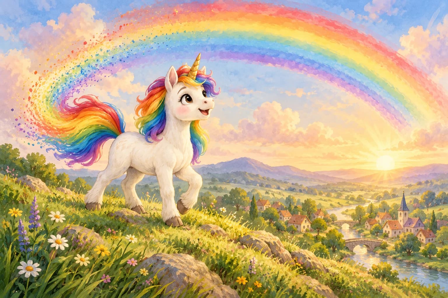 Lumi stands at the top of Rainbow Hill in the morning light, a rainbow mane and tail flowing as a rainbow arches above Willowbrook.