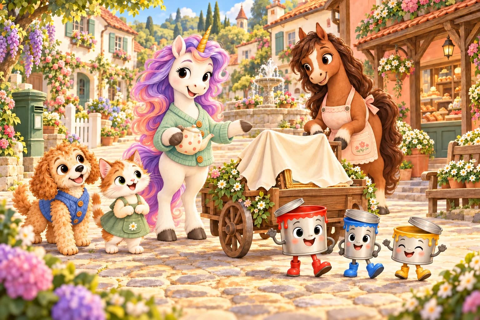 Tia the unicorn and animal friends welcome three colourful paint pots to their village.