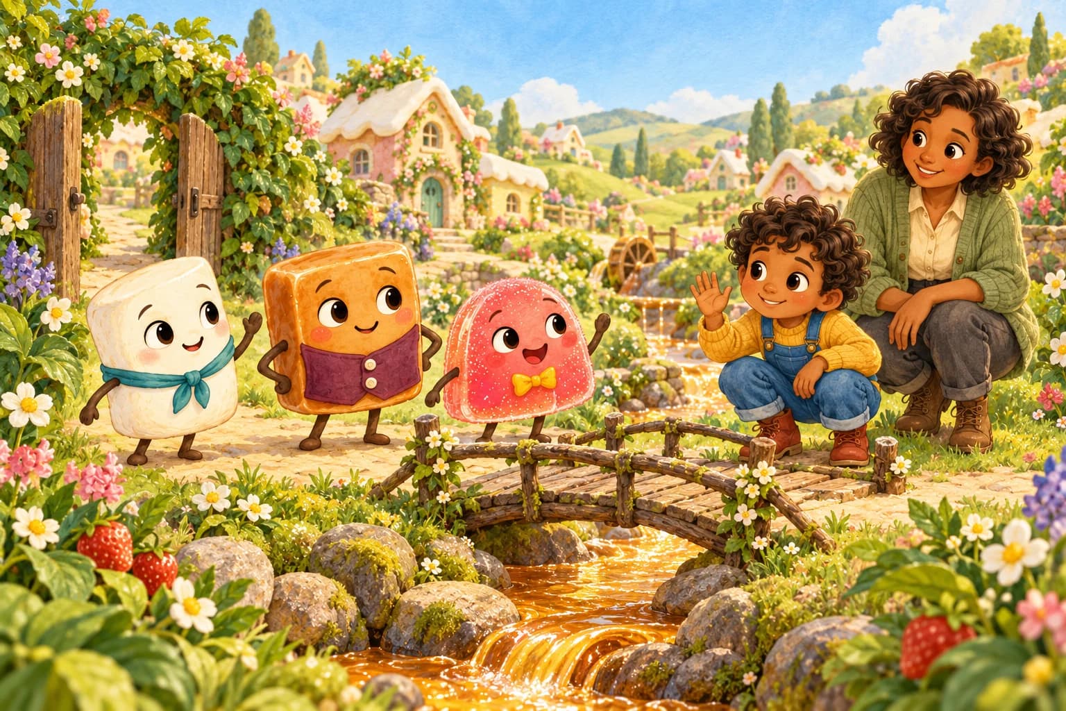 Nell, Toby and Jules welcome Rowan and a grown-up beside a little bridge in a world of sweets.