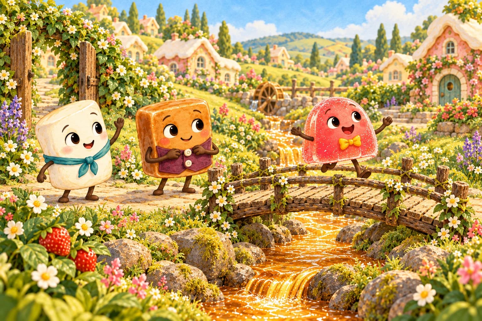 Nell waves beside sugar flowers, Toby polishes waistcoat buttons and Jules bounces across the little bridge.